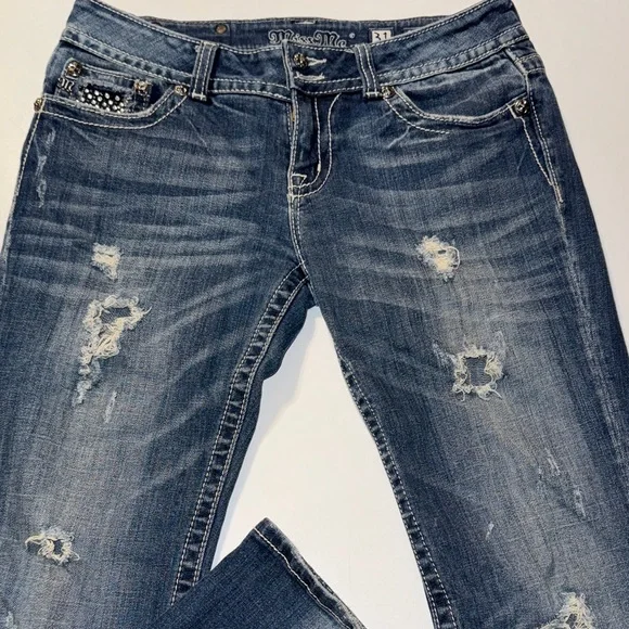 Miss Me Dark Blue Distressed Straight Jeans - Picture 1 of 11